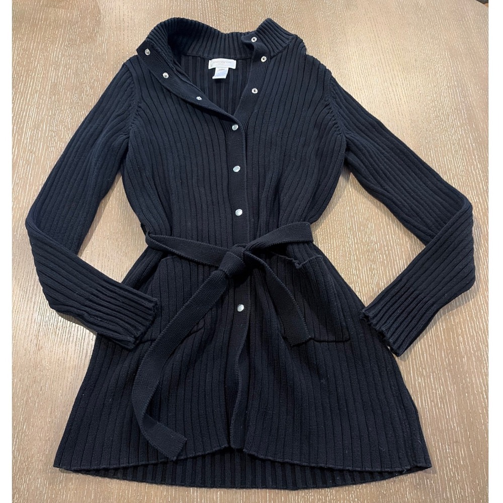 Jones New York Sport Women's S Black Ribbed Cotton Belted Cardigan Sweater